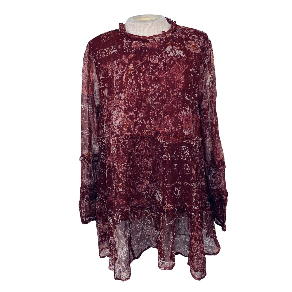 Soft Surroundings Burgundy Floral Crinkle Tunic Top Ruffle Neck Women's M